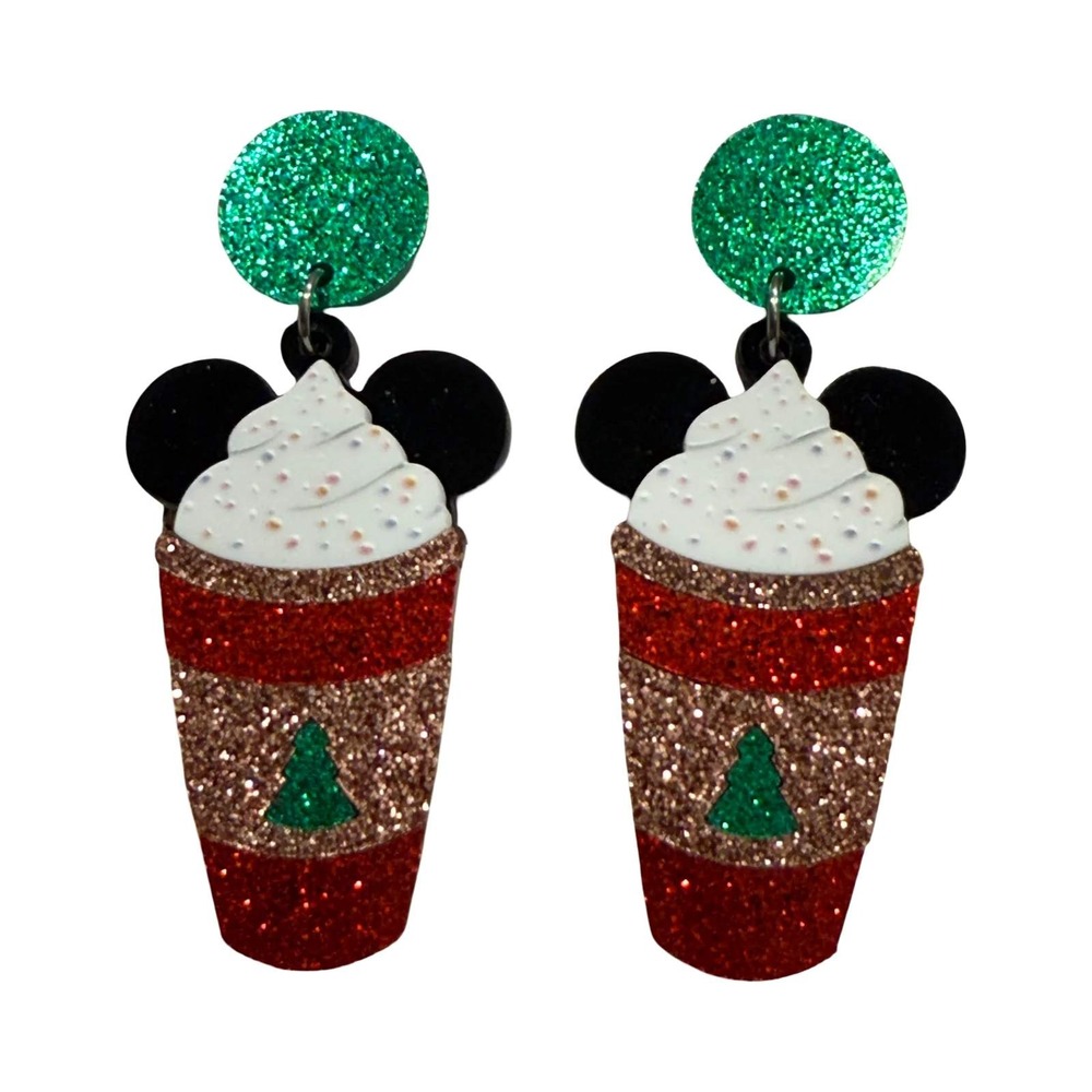 Klass Christmas Holiday Mickey Mouse Inspo Frap Coffee Cup Glitter Drop Earrings